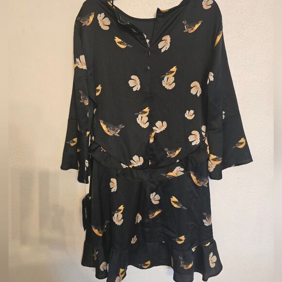 NWT Zara Floral Bird Black Dress Bell Sleeves Size M - Picture 3 of 11
